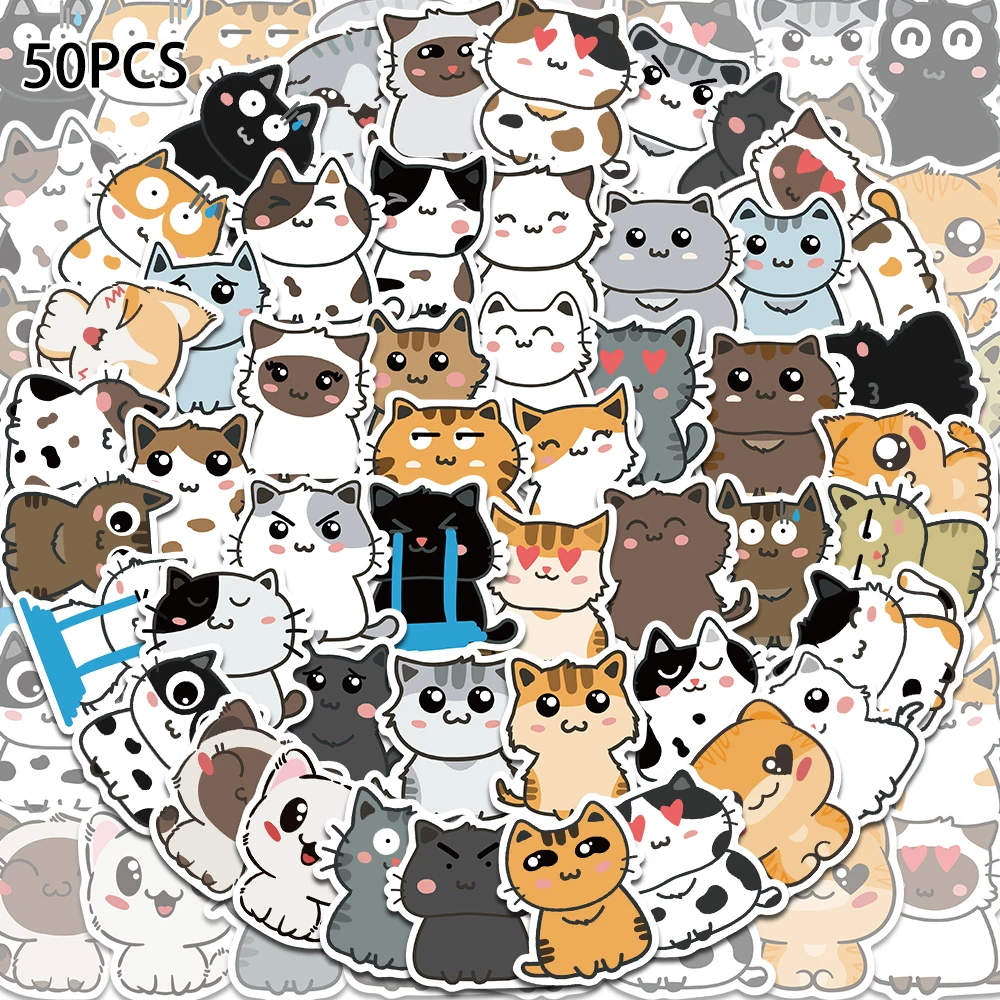 50PCS Cute Expression Kitten Cat Stickers Funny Waterproof Decoration Book Phone Case Water Cup Luggage Guitar DIY Decal