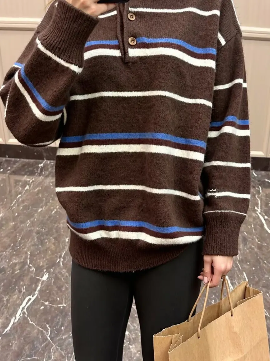 Retro American College Sle Gestreepte Lazy Faionable Knitwear Casual losse Koreaanse Sle Sweater Turn-down kraag Warmte