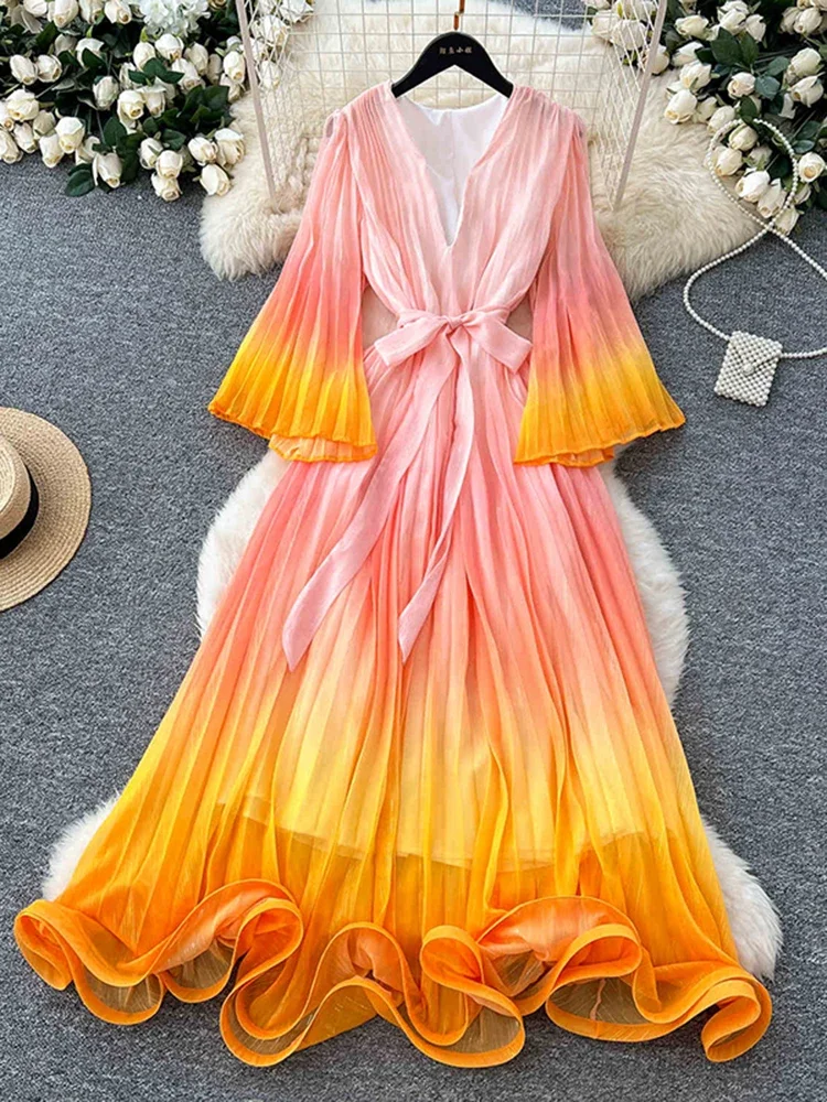 

European American Style Gradient Color V-neck Dress Women's Summer Trumpet Sleeve Vacation Beach Party Birthday Long Dress C180