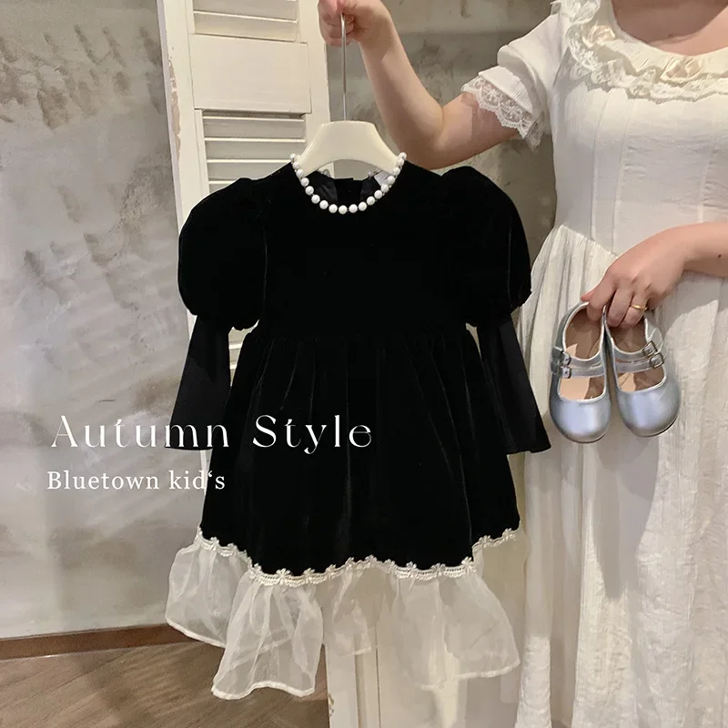 

Girl Dress Spring Autumn 2024 New Princess Black Baby Full Dress Casual Simple Fashion Sweet Korean cute Vintage Spliced Pleated