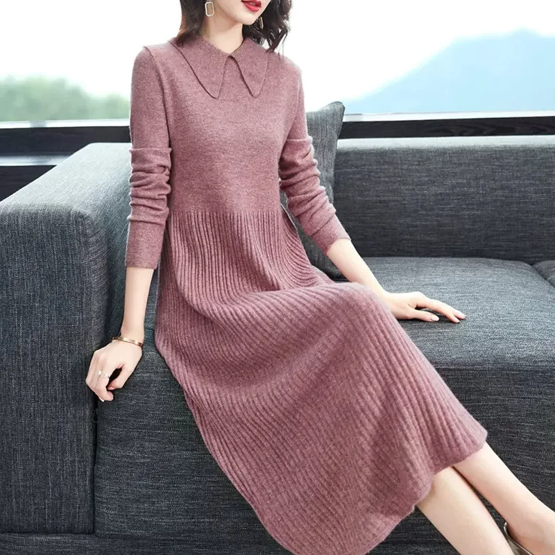 Knitted Dress Autumn Winter New Large Size Women's Fashion Slim Mid Length Sweater Dresses Pullovers Bottoming Jumper Female