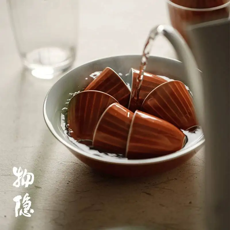 Wuyintang chinese Style Alum Red Small Cup With Ribbed Stripes Single Purely Handmade Tasting Cup Ceramic Kung Fu Tea Set