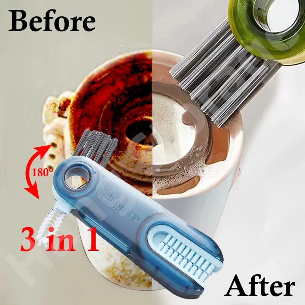 3 In 1 Bottle Gap Cleaner Brush Multifunctional Cup Cleaning Brushes Water Bottles Clean Tool Mini Silicone U-shaped Brush