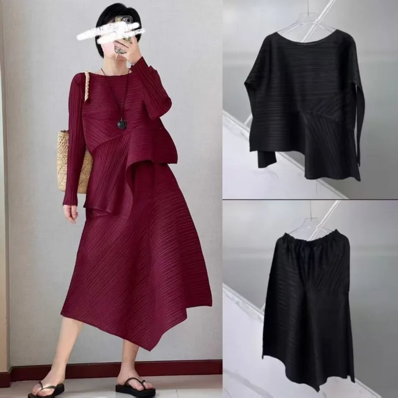 

Комплект плиссированной юбки Miyake неправильной формы со складками, высокоскоростной вращающийся топ с длинными рукавами + юбка, женский свободный облегающий комплект