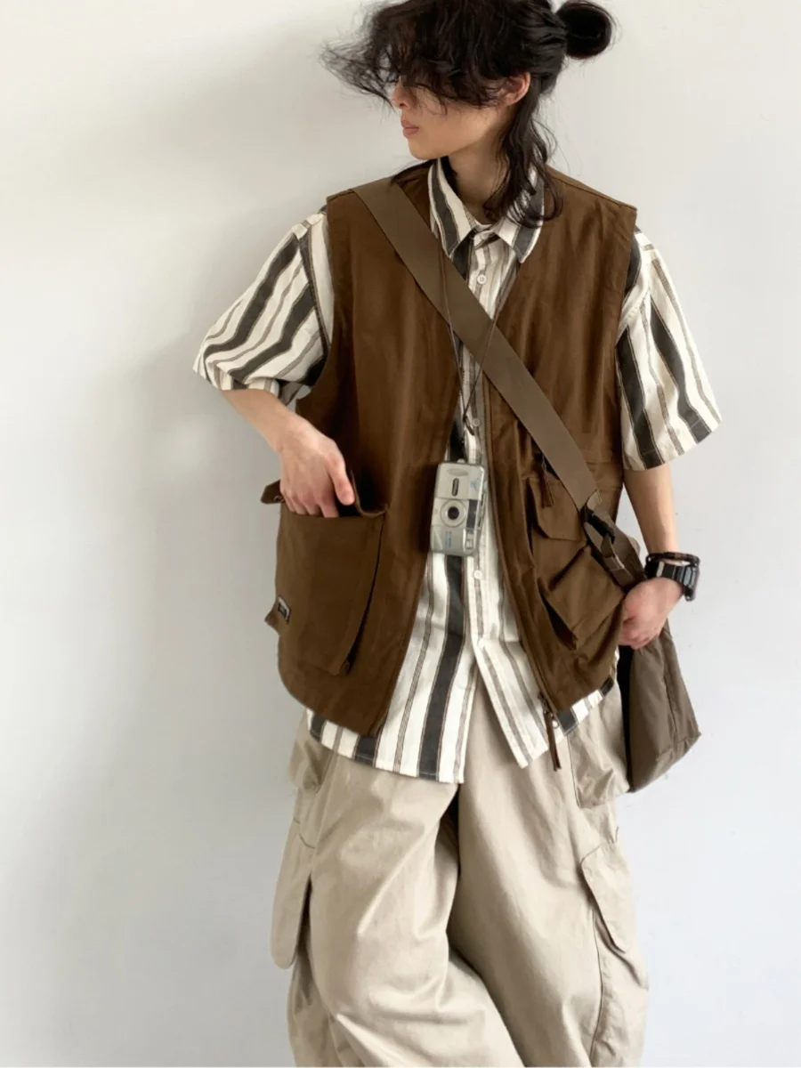

Retro Japanese Workwear Brown Svel Vest Loose Casual ex Summer Outerwear Top Youth Trend Versatile Lazy Sle