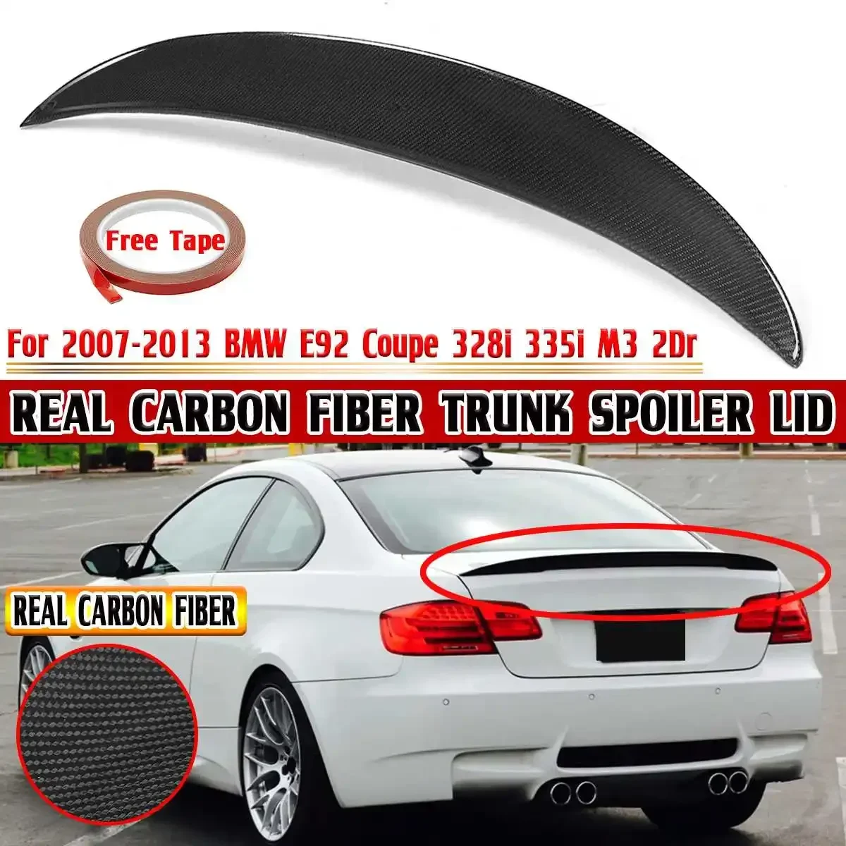 Real Carbon Fiber High Kick Car Rear Trunk Spoiler Wing Lip For BMW E92 Coupe 328i 335i M3 2Dr 2007-2013 E92 Rear Wing Spoiler