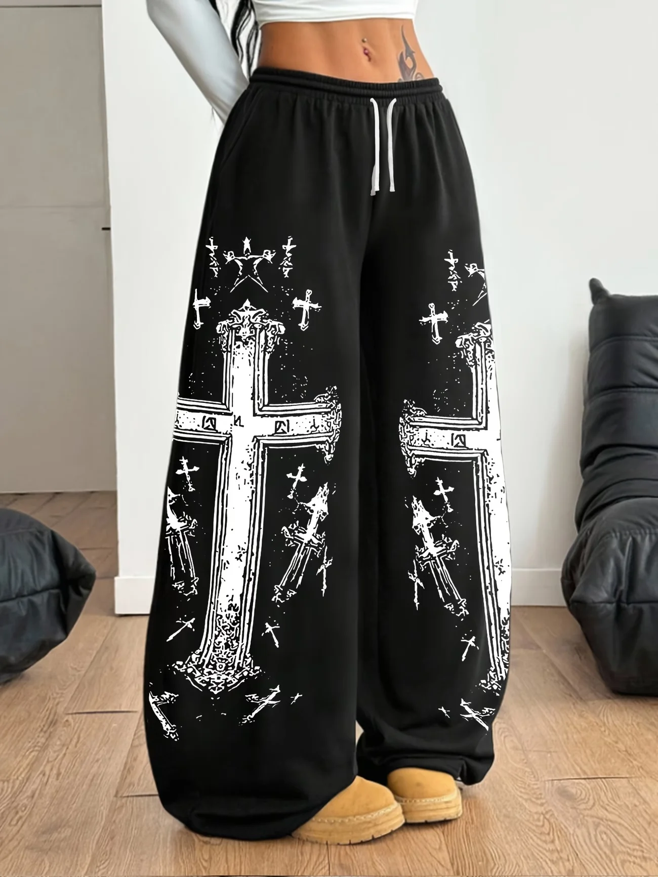 2026 Unisex Schnelltrocknende Gerade Hose Vintage Distressed Kreuzschwert-Muster Hose Y2K Gothic Hip Hop Streetwear Weite Hose – Detail 8