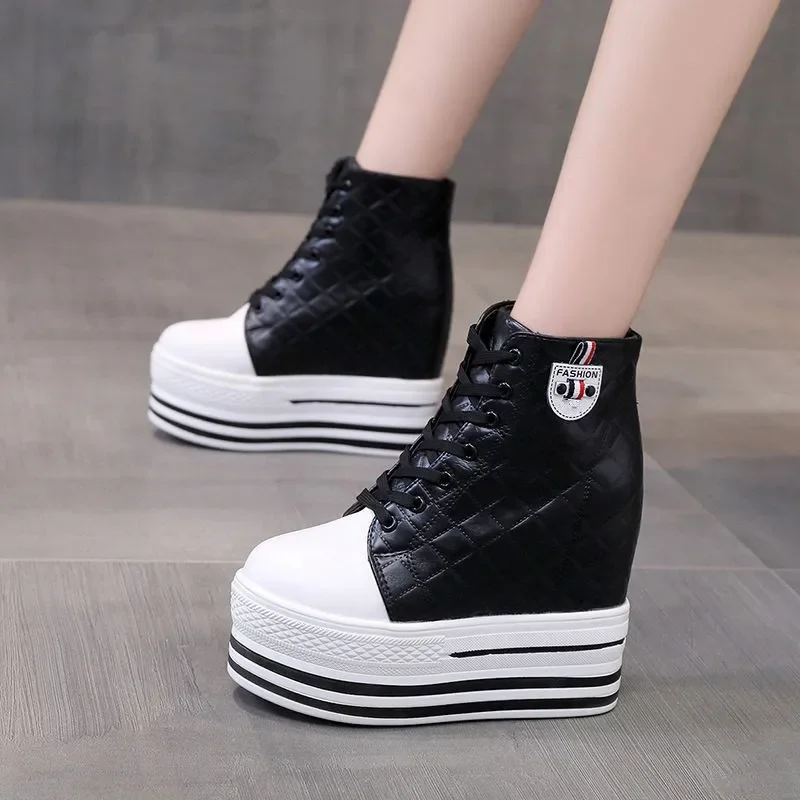 2024 Autumn Canvas Vulcanize Platform Sneakes Women Shoes Black Sneakers Chunky Heel White Women Fashion Casual Shoes 11cm