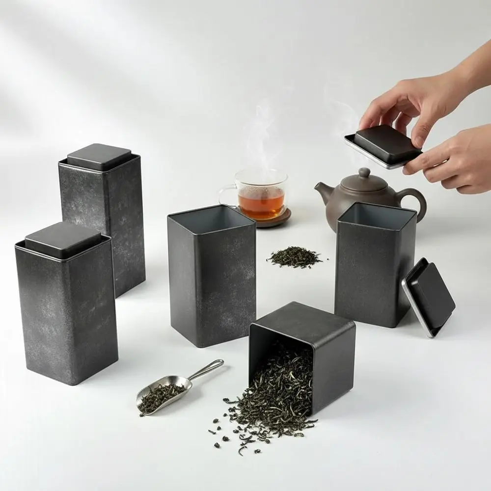 Retro Design Tea Cans Frosted Surface Square Shape Metal Cans Tinplate Material Fine Sand Texture Storage Jar Piggy Bank