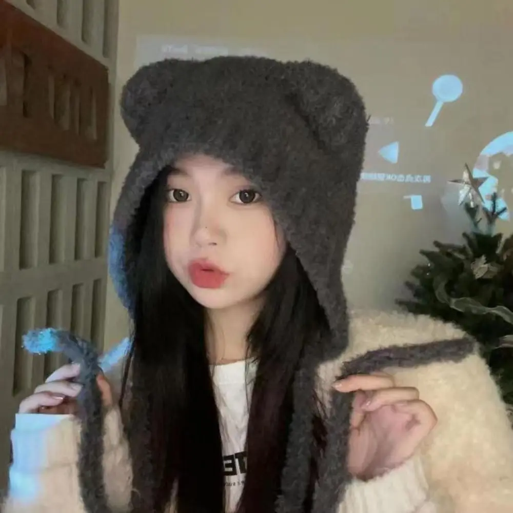 Fashion Cute Lambhair Bear Ear Hat Harajuku Thick Plush Knitted Bear Hat Warm Tie Pullover Y2K Beanies Caps Women
