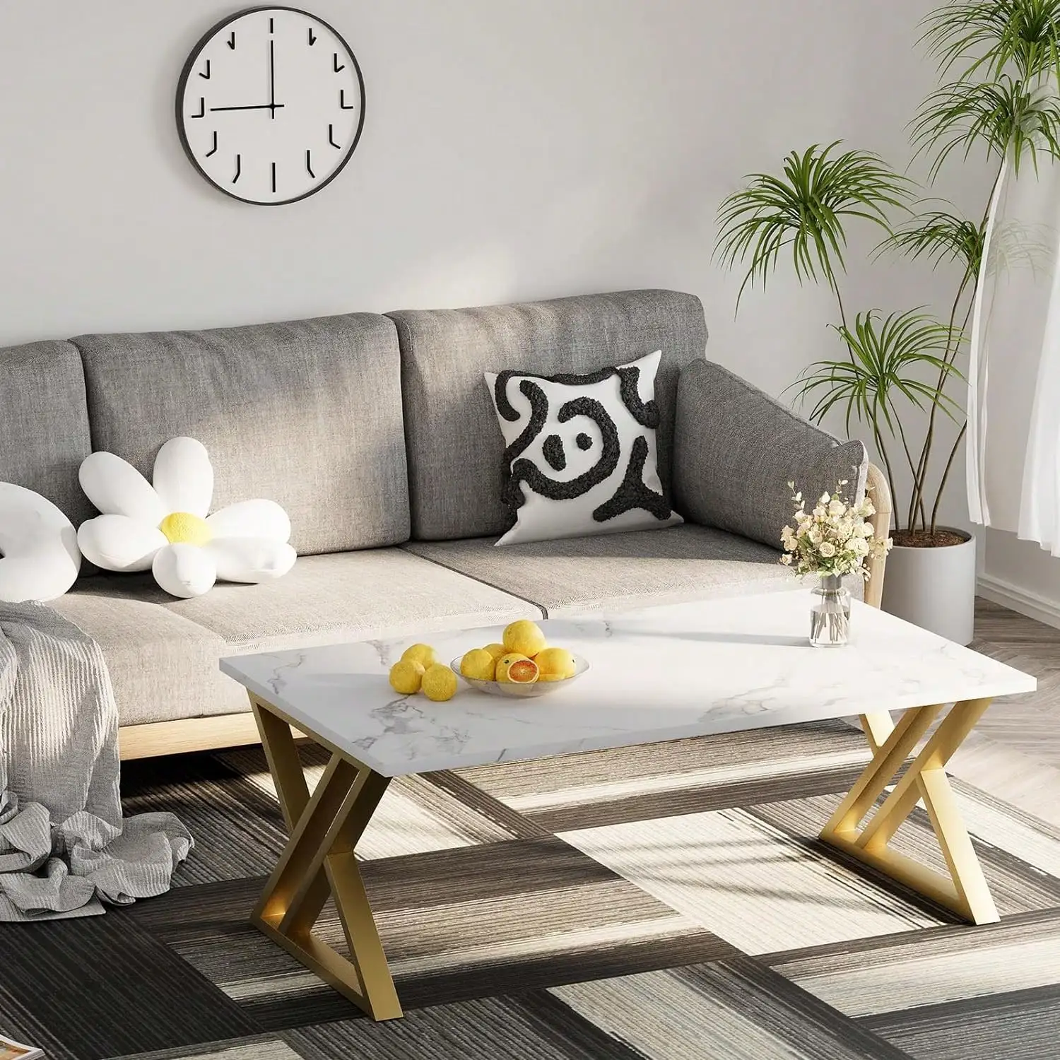 Coffee Table Living Room Table Black Center Table Modern Faux Marble Rectangular Tea Table With Sturdy Black-Finished Metal Frame,Industrial Wooden Coffee Table For Bedroom Home Office