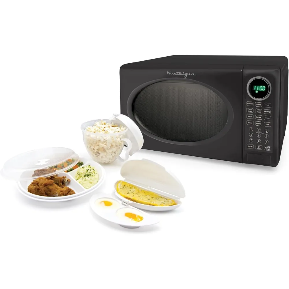 

Retro Countertop Microwave Oven - 700-Watt - 0.7 cu ft ,Egg Poacher / Omelet Cooker, and Divided Plate with Cover - Black