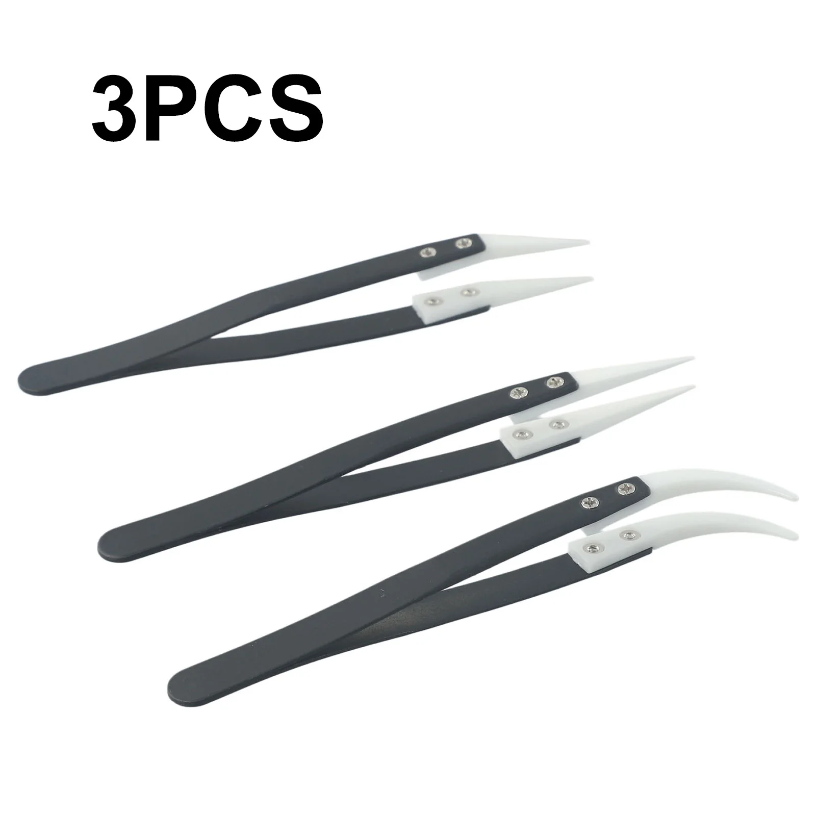 3pcs Ceramic Reverse Tweezers With Black Shank Anti-Static Non Conductive For Maintenance Precision Instruments Hand Tools