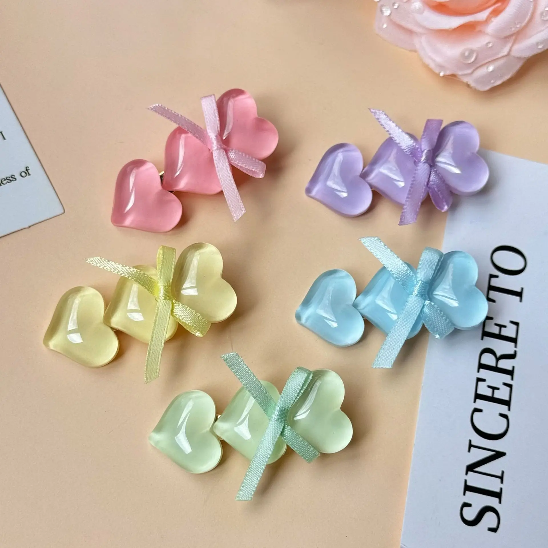 Pinzas para el cabello para mujer, 5 uds., pasadores de corazón transparentes, bonitos pinzas con lazo, pinzas para el cabello delanteras suaves sin daños para cabello fino