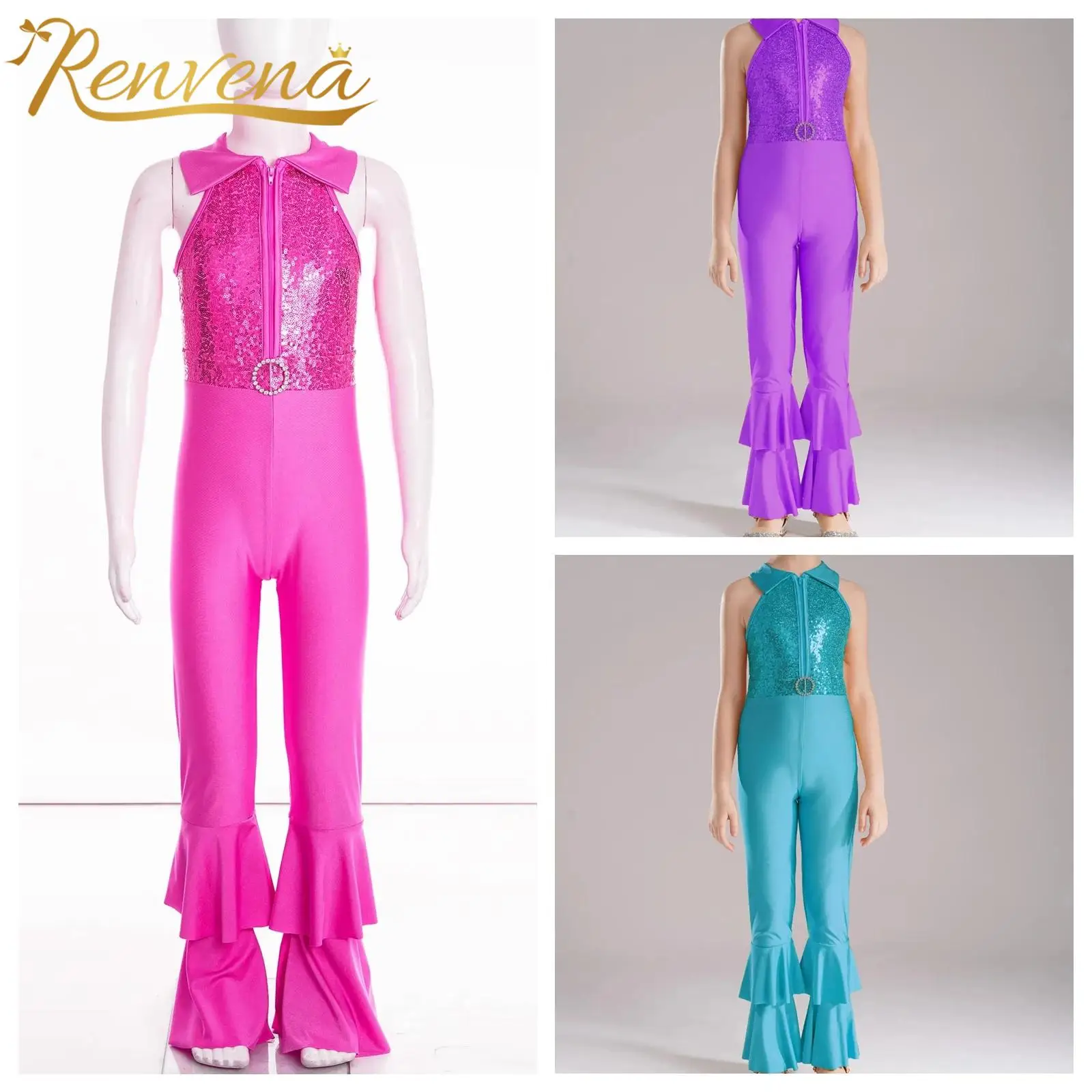 

Kids Girls Shiny Sequins Ballet Dance Jumpsuit Sleeveless Leotard Bell-bottom Long Pants for Latin Modern Jazz Dancing Costume