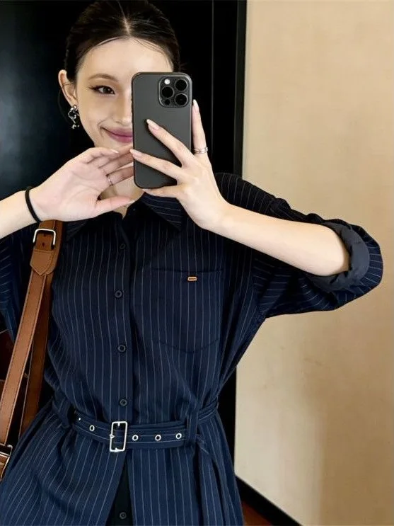 Elegant plus Size Women's Blue Striped Shirt with Belt Waist Cinching Shoulder-Length Korean Style Long Sleeve  Collar