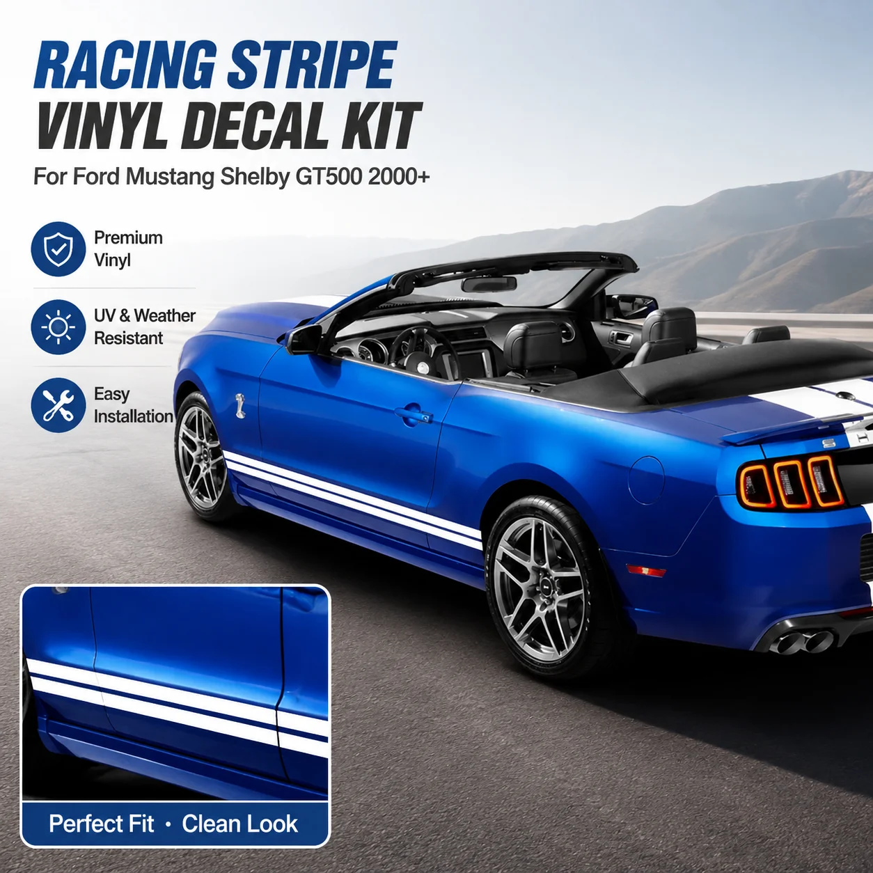 1 Juego de Calcomanías de Vinilo con Rayas para Capó, Techo, Maletero y Faldones Laterales para Ford Mustang Shelby GT500 2000+, Accesorio Exterior para Automóvil