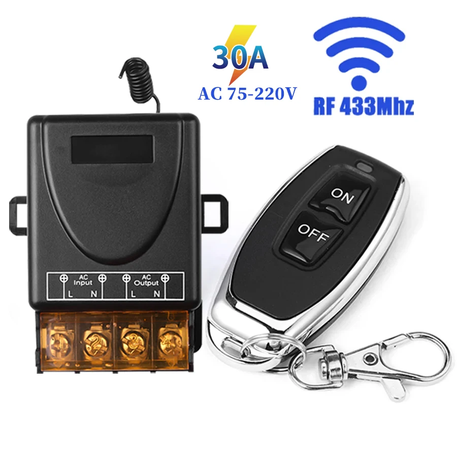 RF 433Mhz Wireless Remote Control Switch AC 220V 110V 30A Relay Receiver + On/Off Transmitter For Electric Appliance LED Lamp