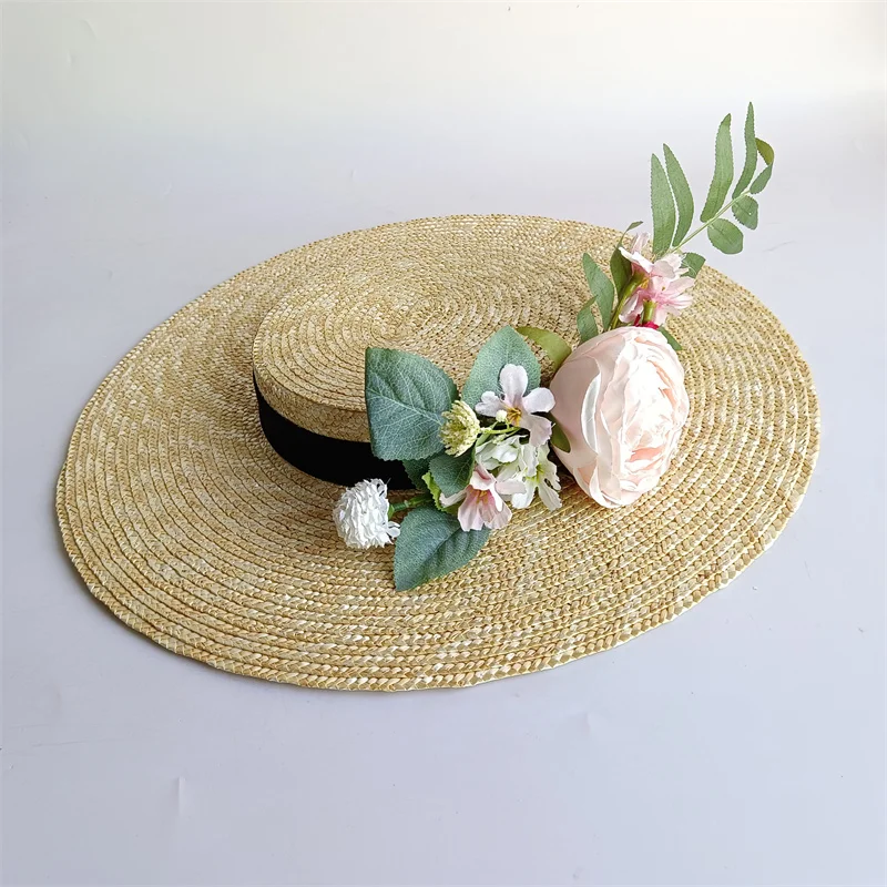 2026 Straw Hat White Simulation Flower Straw hat Removable Flat Top Female Stage Winter Strap Women's Wedding Hat