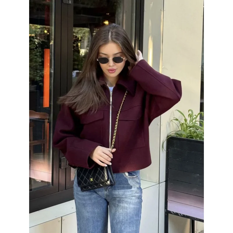 

Модное шерстяное пальто бордового цвета с большими карманами на молнии для женщин, коллекция Весна-Осень 2026