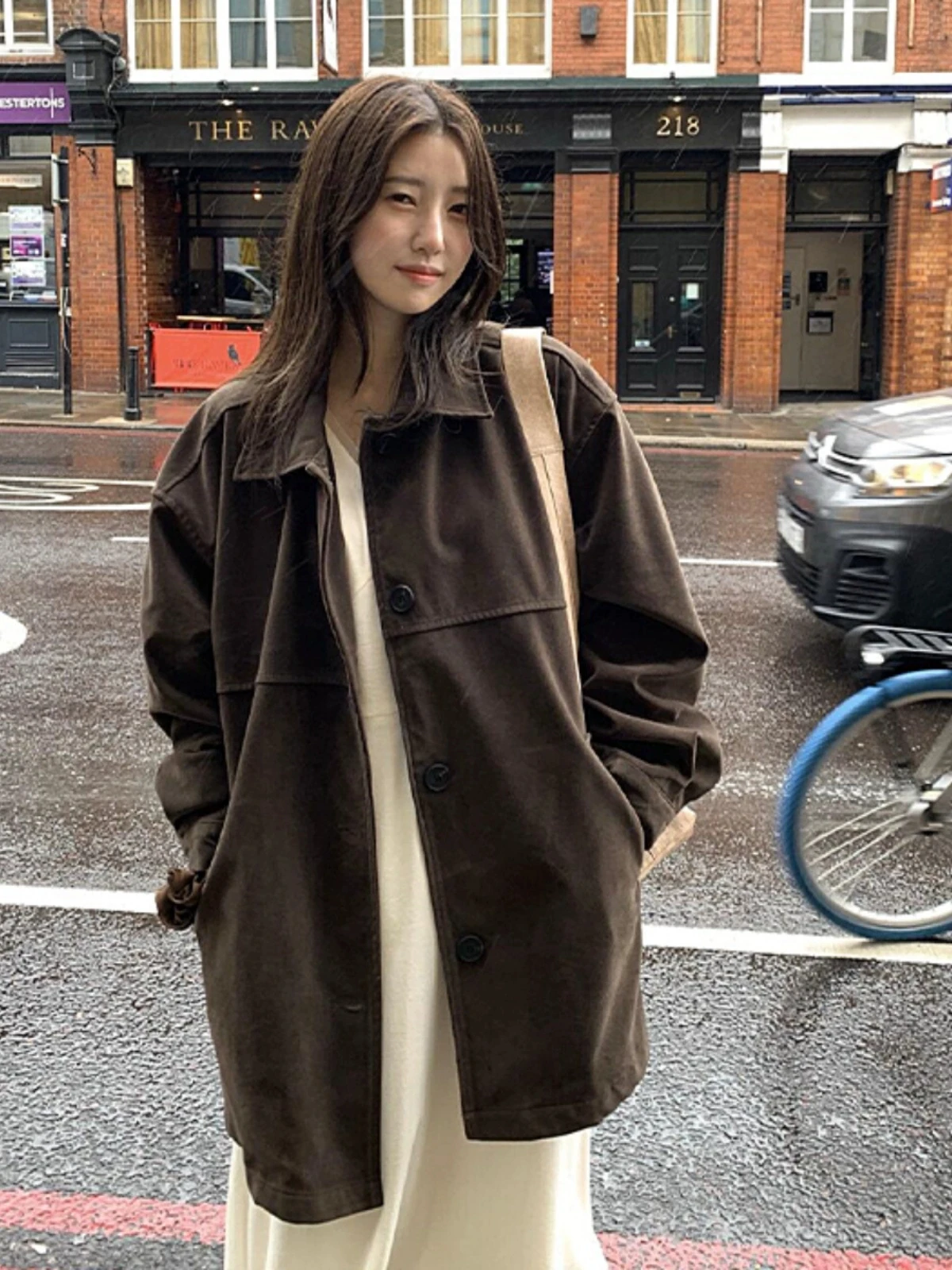 

Street Style Korean Version Winter Retro Fashionable Lapel Loose Pure Color Suede Mid-Length Coat Jacket Long Sleeve Single B...