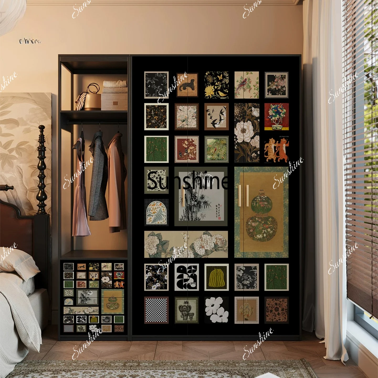 Medieval solid wood three-door wardrobe household bedroom storage locker