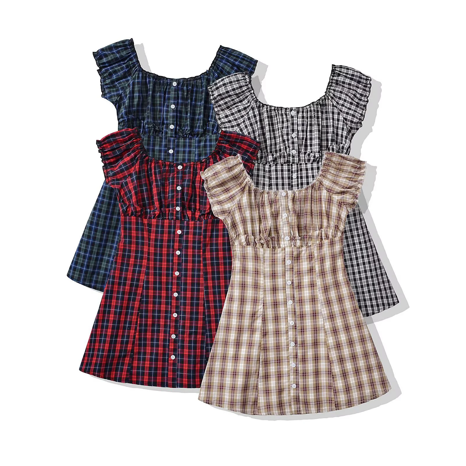 Neues Damen-Kleid im Retro-College-Stil mit Lotusblatt-Rand, kariertem, fliegendem Ärmel, geraffter Taille und schlankmachendem A-Linien-Kurzrock