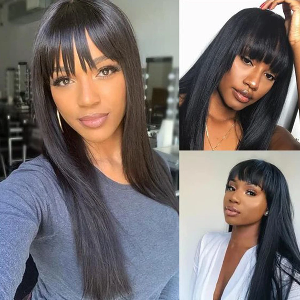 

Straight Human Hair Wigs With Bangs Indian Natural Black Color 100% Long Remy Human Hair Wigs Full Machine Made Wig For Women