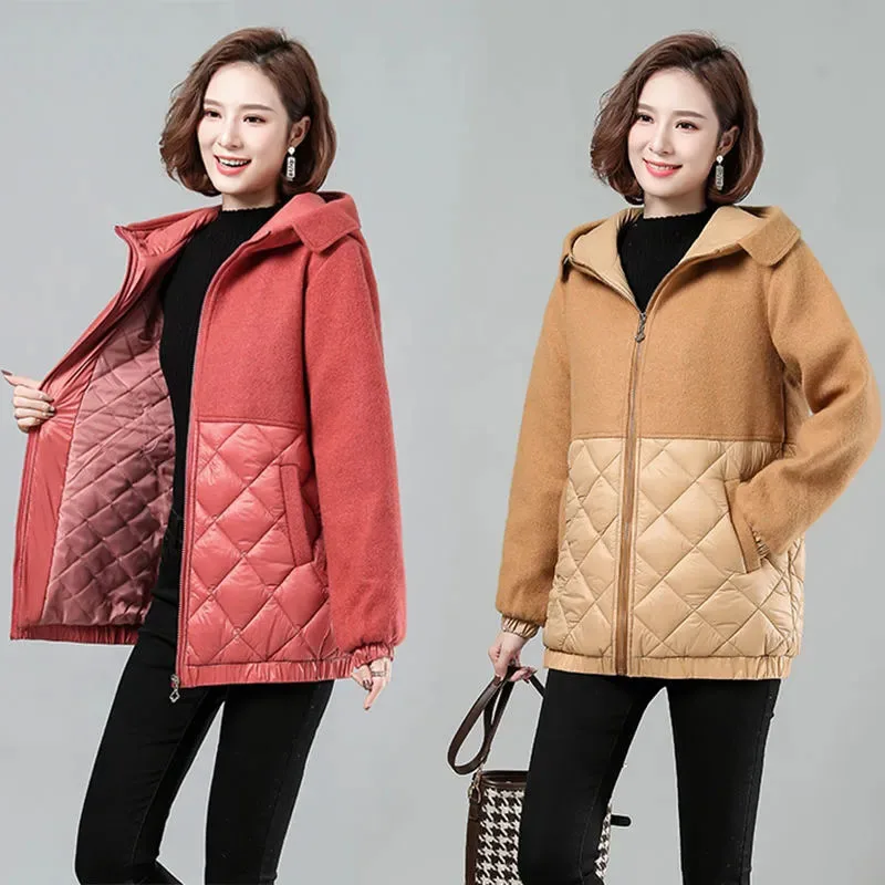 

New Women's Hooded Parka Overcoat Autumn Winter Woolen Stitching Long Cotton Clothing Casual Female Warm Down Cotton Jackets 5XL