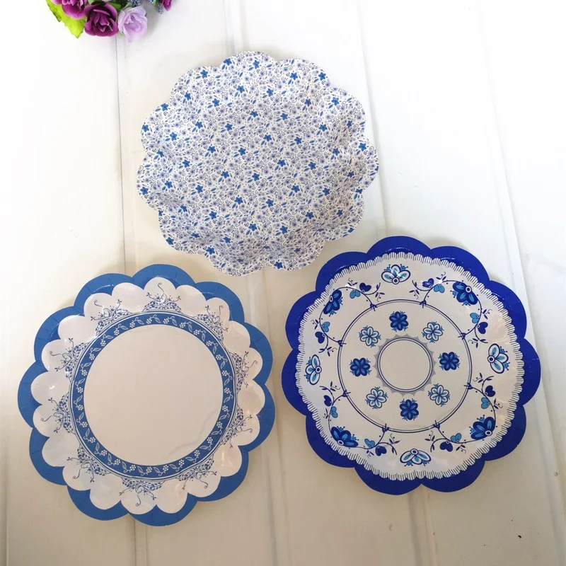 Chinese Style Blue and White Porcelain Paper Plates Disposable Tableware Vintage Tray Floral Tea Party Picnic Dishes 8PCs 7 inch