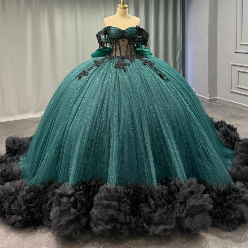 

Dark Green Shiny Quinceanera Dresses Off The Shoulder Applique Lace Beading Crystal Bow Tiered Tull Party Birthday Sweet 16