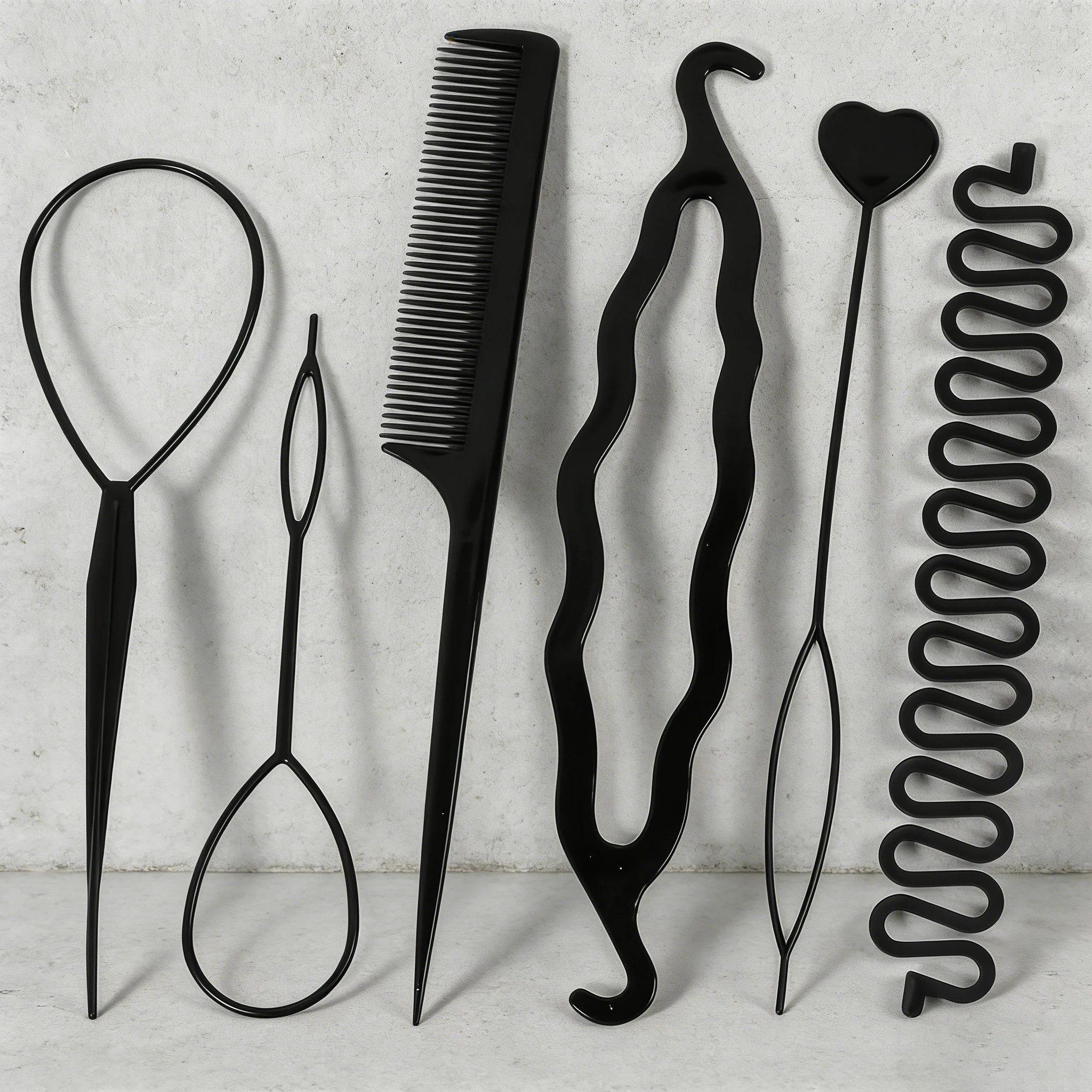 6-piece braided hair set with various braiding tools and pointed tail comb, suitable for women, special for real hair wigs