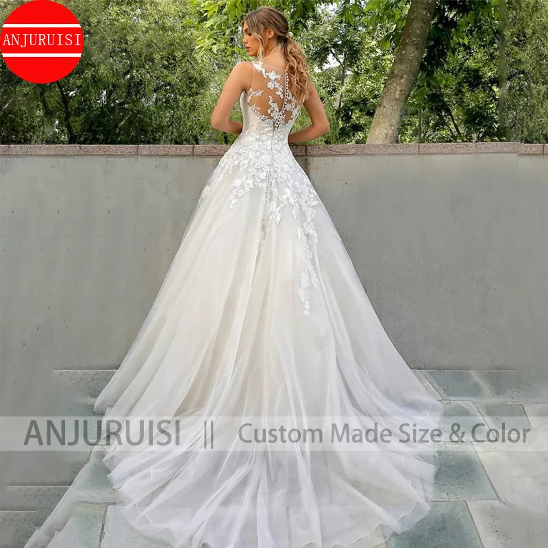 Elegant Appliques Sleeveless Wedding Dresses For Women 2024 Sexy O-Neck Vestidos De Novia Back With Button Bridal Robe De Mariée