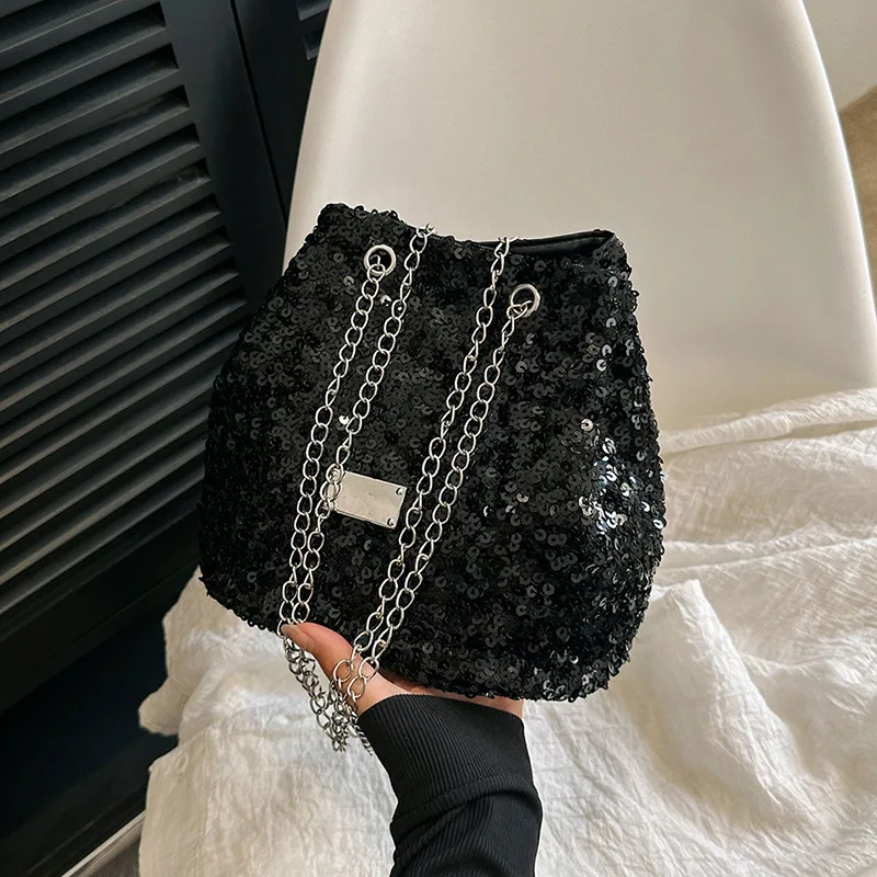 Fashion Sequin Shoulder Bags Crossbody Bags Women 2023 Luxury Designer Evening Party Handbags Trend Chain Cross Body Bucket Bag