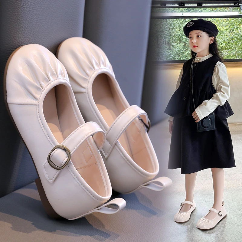 2024 Fashion Girls' Flat Shoes Spring Autumn Versatile Children's Leather Shoes Causal Simple Style Kids Single Shoes Soft Soled