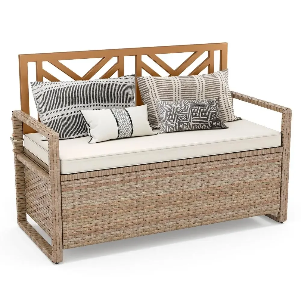 70 Gallon Outdoor PE Rattan Storage Bench with Cushion All-Weather Deck Box Patio Furniture Teak Style and Comfort Reliable