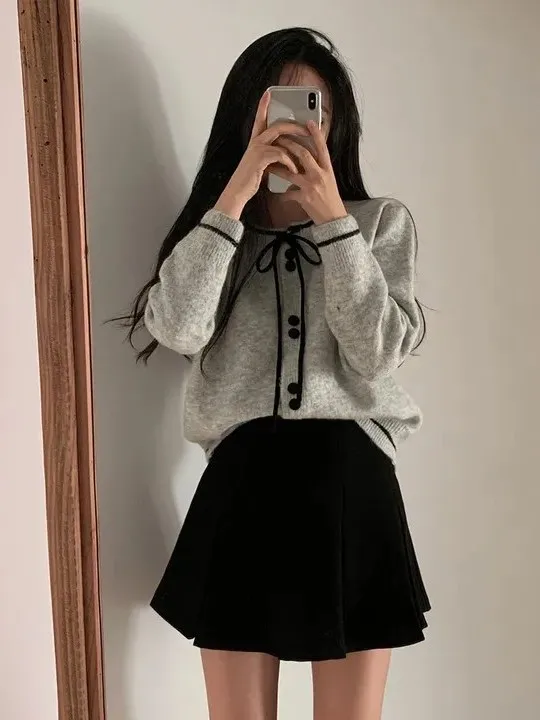 

Sweet Thiened Knitted Sweater Coat Women's Chic Autumn Winter Loose Long Sve round Ne Single Button Open Cardigan