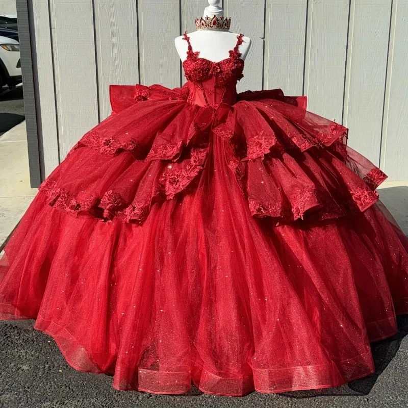 

Red Ball Gown Quinceanera Dress 2024 Lace Applique Beads Long Train XV Princess Vestidos De 15 Años Birthday Sweet 16 Dress