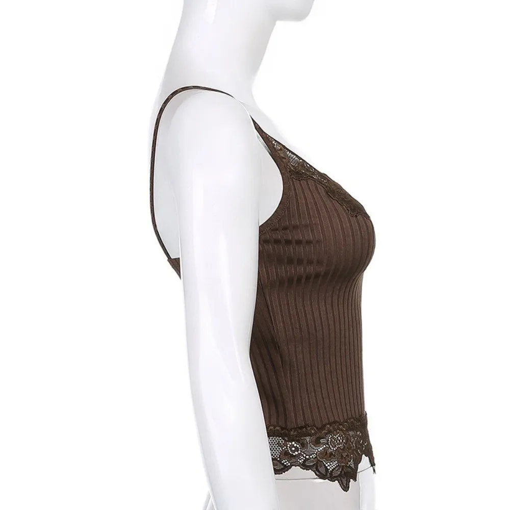 Summer Sleeveless Lace Tank Top for Women Sexy Lace Trim Crop Tops Slim Fit Knitted Basic Camisole Summer