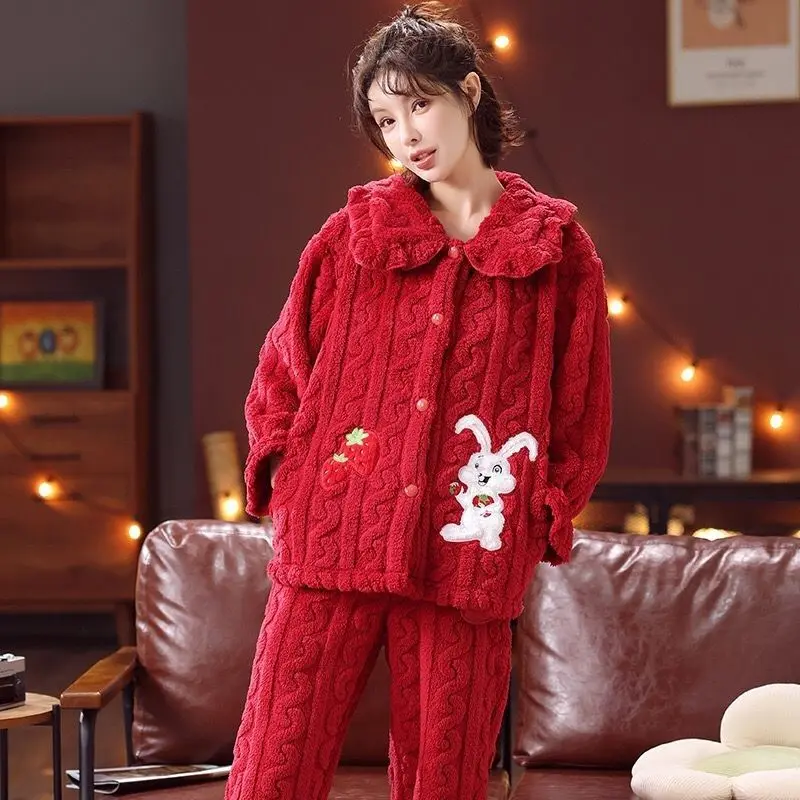 2024 New Outside Clothes Younger Pajamas Set Women's Autumn Winter Coral Velvet Loungewear Thicken Casual Fashion Sleepwear Suit