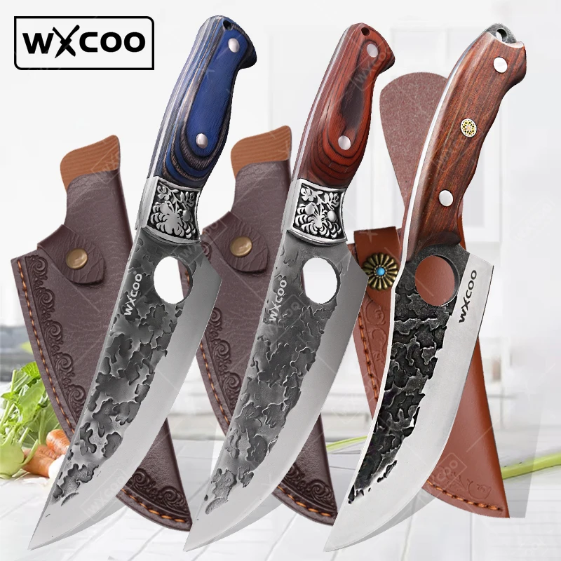 WXCOO Full Tang Küchenmesser, handgefertigt, geschmiedetes Hackmesser, Fleischkoch, Kochmesser, Edelstahl, Schneidemesser, Holzgriff