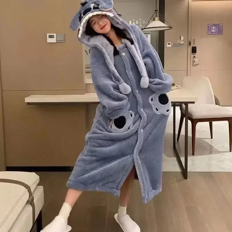 Stitch Disney Robe Kawaii Stitch Hooded Dressing Gowns Lady Thickened Warm Loungewear Cute Woman Autumn Winter Leisure Clothing