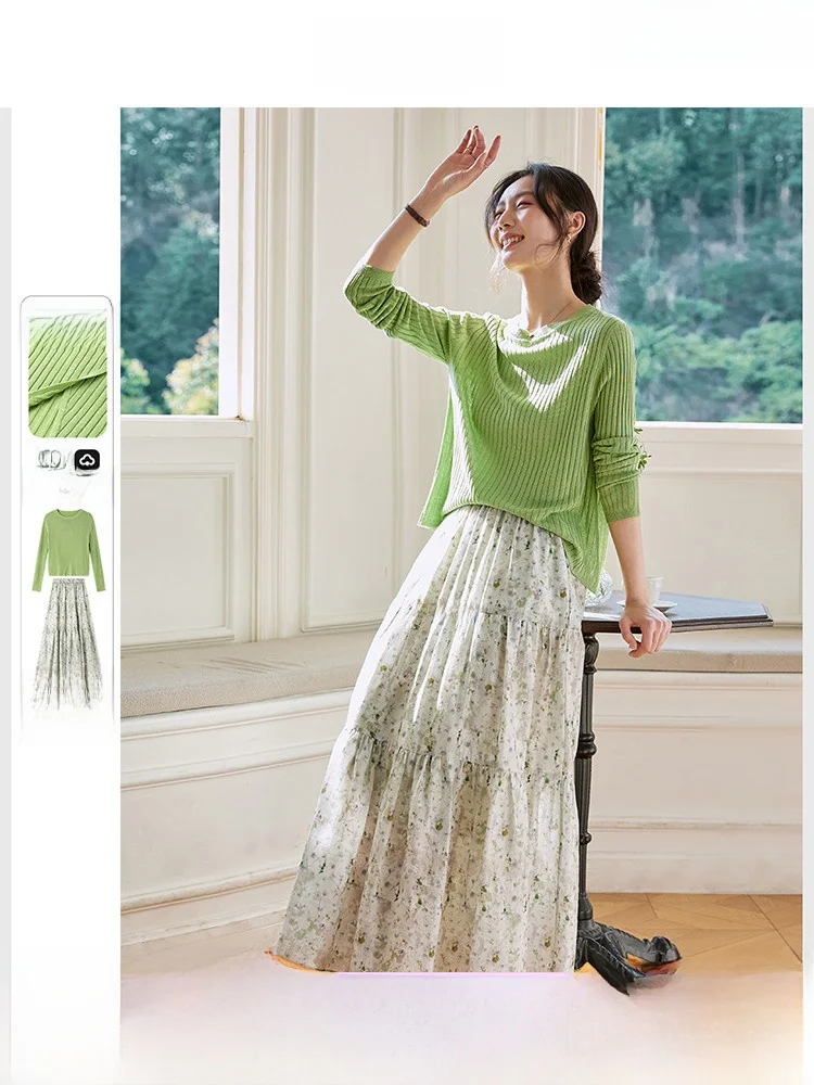 

Spring 2026 Floral Knitted round Neck Two-Piece Set Women's Fashion Breathable Long Sleeve Comfortable Fit Commute Style Ense...