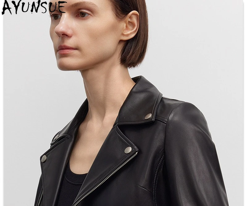 AYUNSUE 天然シープスキン本革ジャケット女性バイクコートレディースジャケット春秋服スリム Косуха Женская