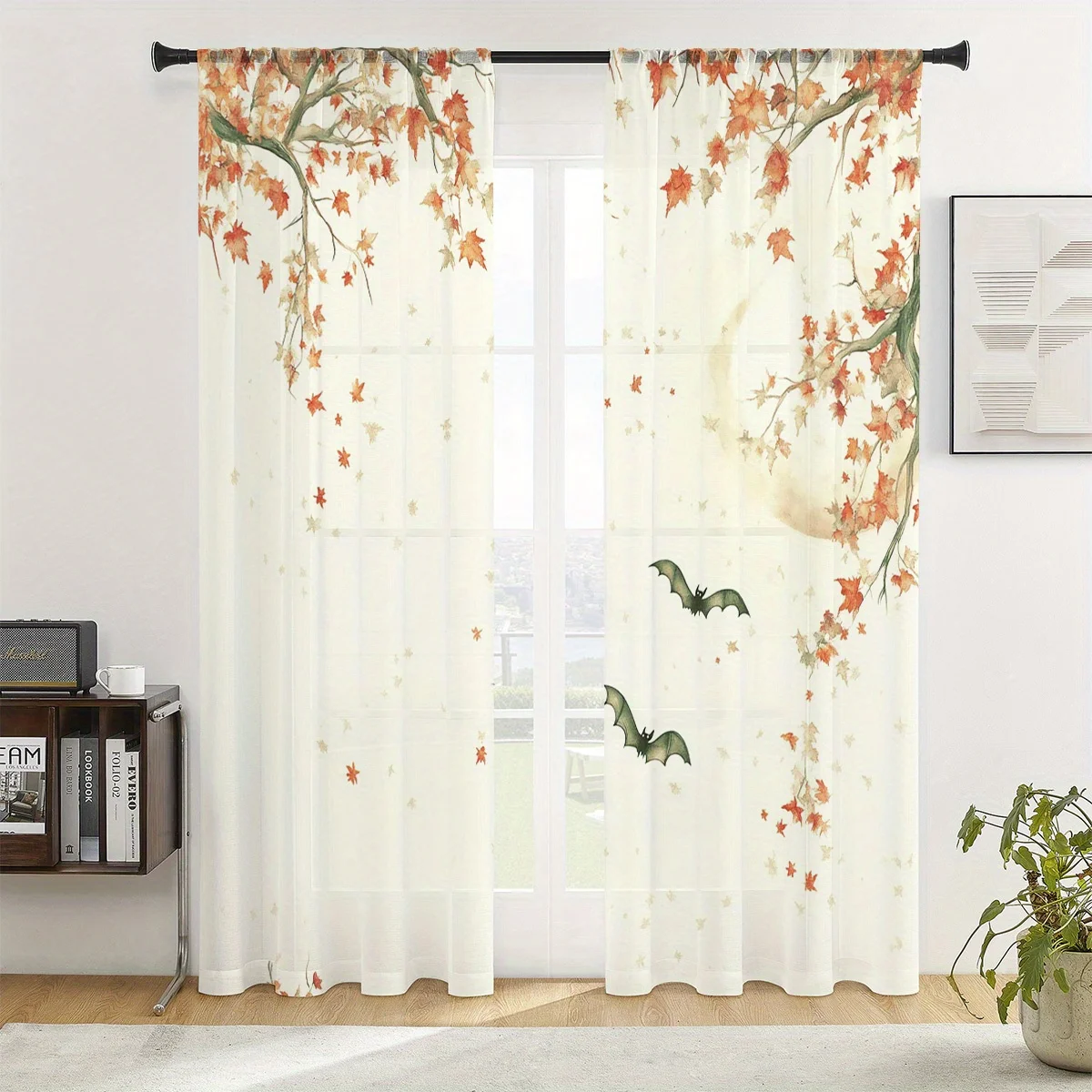 2PCS Halloween Fall Sheer Curtains, Maple Leaf Bat Moon, Digital Print, Bedroom Living Room, Rod Pocket Polyester, Home Decor
