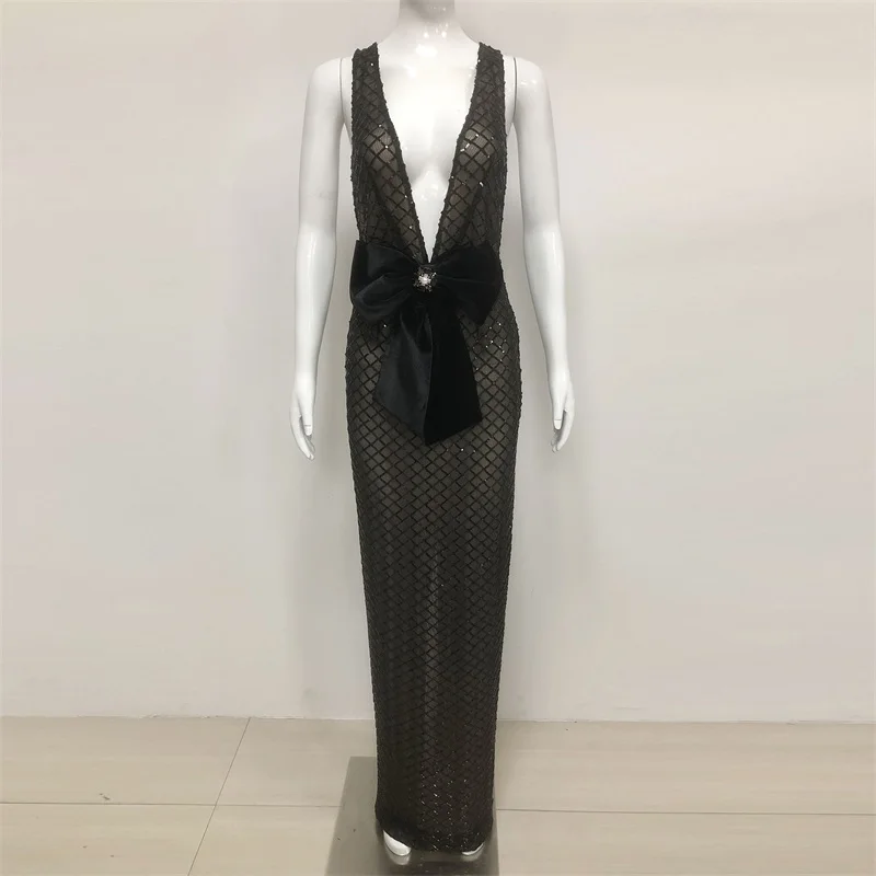 

Glitter Sequins Women Jumpsuit Bow Evening Dress Sexy V Neck Sleeveless Sheath Long Sheer Party Robe Formal Birthday Prom Gown