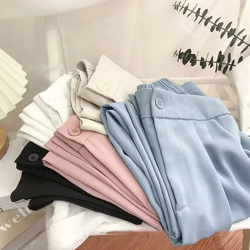 

Spring Summer Women's Casual Faion Long Pants Straight Leg Suit Trousers Thin Polyester Fiber Long Pants for Ladies