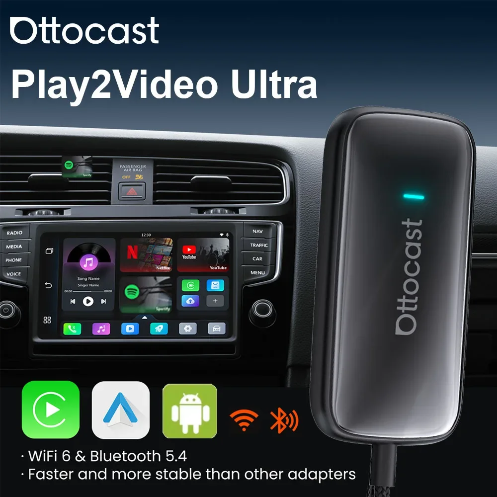 

OTTOCAST Play2Video Ultra AI Box беспроводной адаптер CarPlay Android Auto встроенный Youtube Netflix IPTV Spotify автомобильные аксессуары