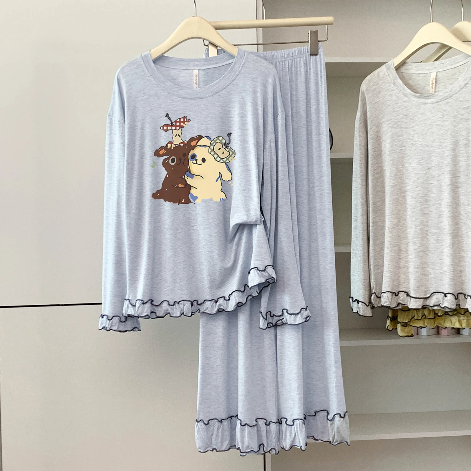 5174-300 Modal-Baumwolle, Rundhalsausschnitt, langärmelig, lange Hosen, Pyjama für Damen, Frühling und Herbst, dünn, locker, weich, bequem, Heimkleidung