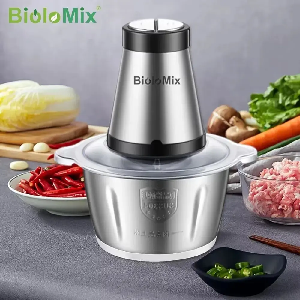 BioloMix, 2 velocidades, 500W, acero inoxidable, capacidad de 2L, picadora eléctrica, picadora de carne, procesador de alimentos